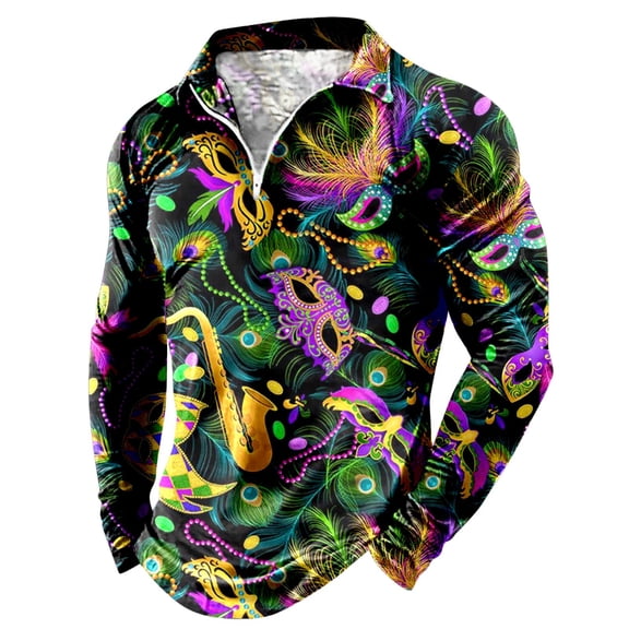 YM Mardi Gras T-shirt for Men Long Sleeve Quarter Zip Pullover Carnival Celebration Shirts Funny Graphic Print Polo Shirts