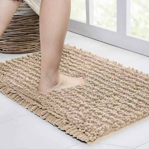 Walensee Non-Slip Bathroom Rugs Chenille Soft Striped Plush Bath Mat, 24" x 36", Beige