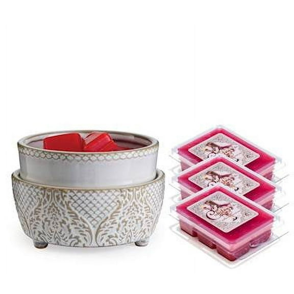 VINTAGE WHITE Candle Warmer and Dish Fragrance Warmer Gift Set with 3 Courtneys Wax Melts - STRAWBERRY-VANILLA