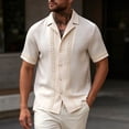 thumbnail image 4 of LNWUY Men's Guayabera Shirt Short Sleeve Lapel Button Down Casual T-Shirt Pattern Printed Beach Vacation Clothes Summer Tops Beige L, 4 of 6
