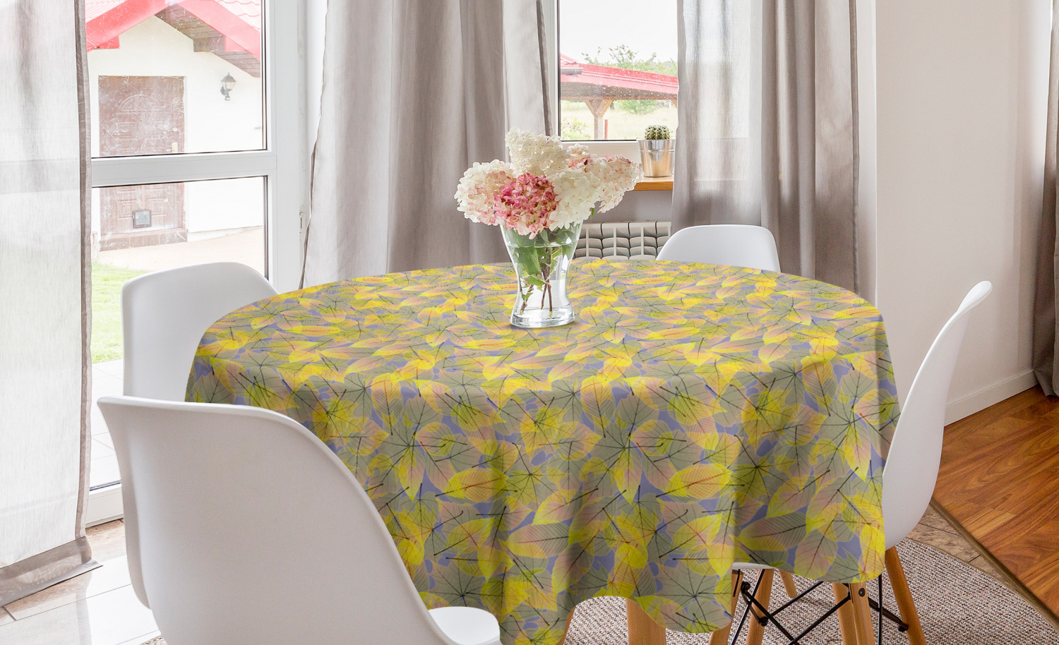Autumn Round Tablecloth, Floral Fall Foliage Dry Leaves Double Exposure
