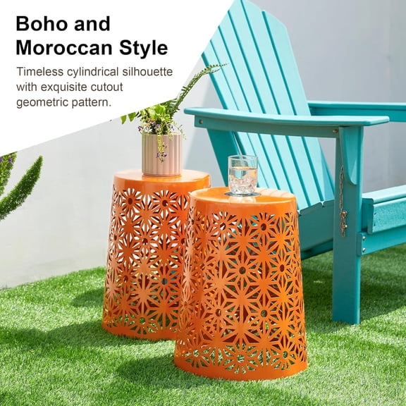 Outdoor Side Table Set of 2 with Solar Light, Geometric Metal Garden Stool Planter Stand for  Poolside Party Yard