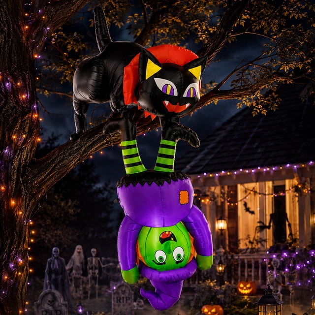 Inflable Halloween Bruja Gato Colgante Techo 2.43m Luz Led