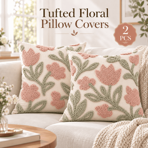OZERA Chenille Embroidered Throw Pillow Covers 18x18, Set of 2, Thick 3D Tufted Pink Floral Cushion Covers, Hidden Zipper for Couch Sofa Bed Living Room Boho Home Decor