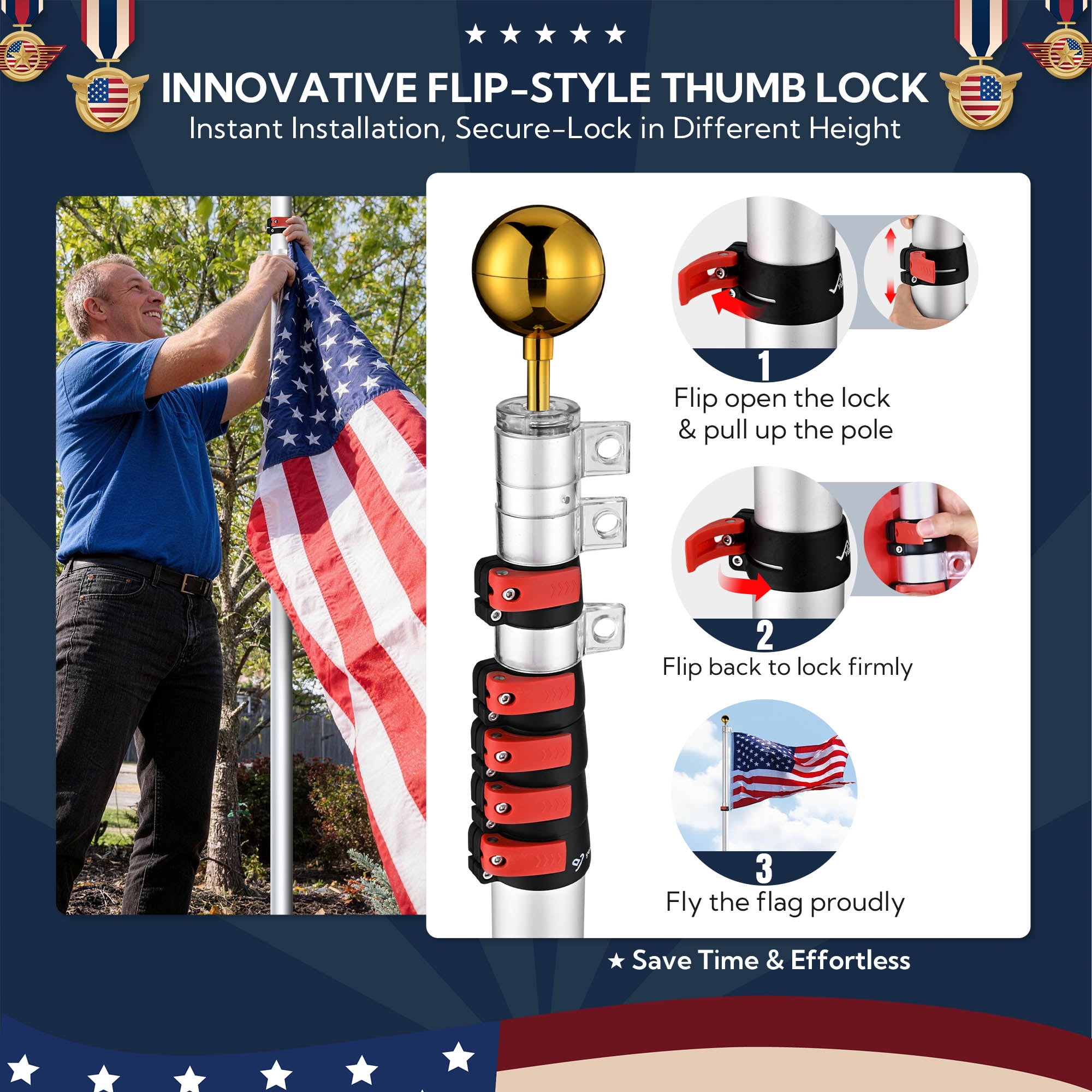Yescom EZ GO 30ft Telescopic Flag Pole Kit Upgrade Rotating Lock for Outside Inground with 3x5' US Flag Ball Top Silver
