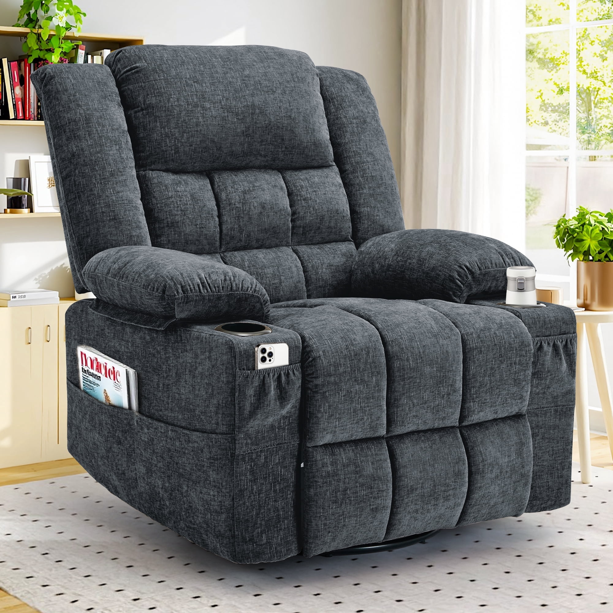 Korser 360°Swivel Rocker Recliner for Adults with Massage and Heating,Manual Recliner Chair with Side Pockets Nursery Glider Recliner with Cup Holders for Living Room,Chenille,Dark Grey