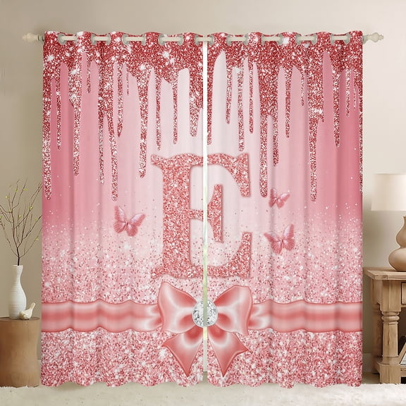Manfei Letter Monogrammed E Black Out Curtains for Kids Children Girls,Dreamy Princess Curtains Pack of 2 (42x63 Each),Cute Butterfly Bowknot Bedroom Curtains,Bling Glitter Bedroom Decor