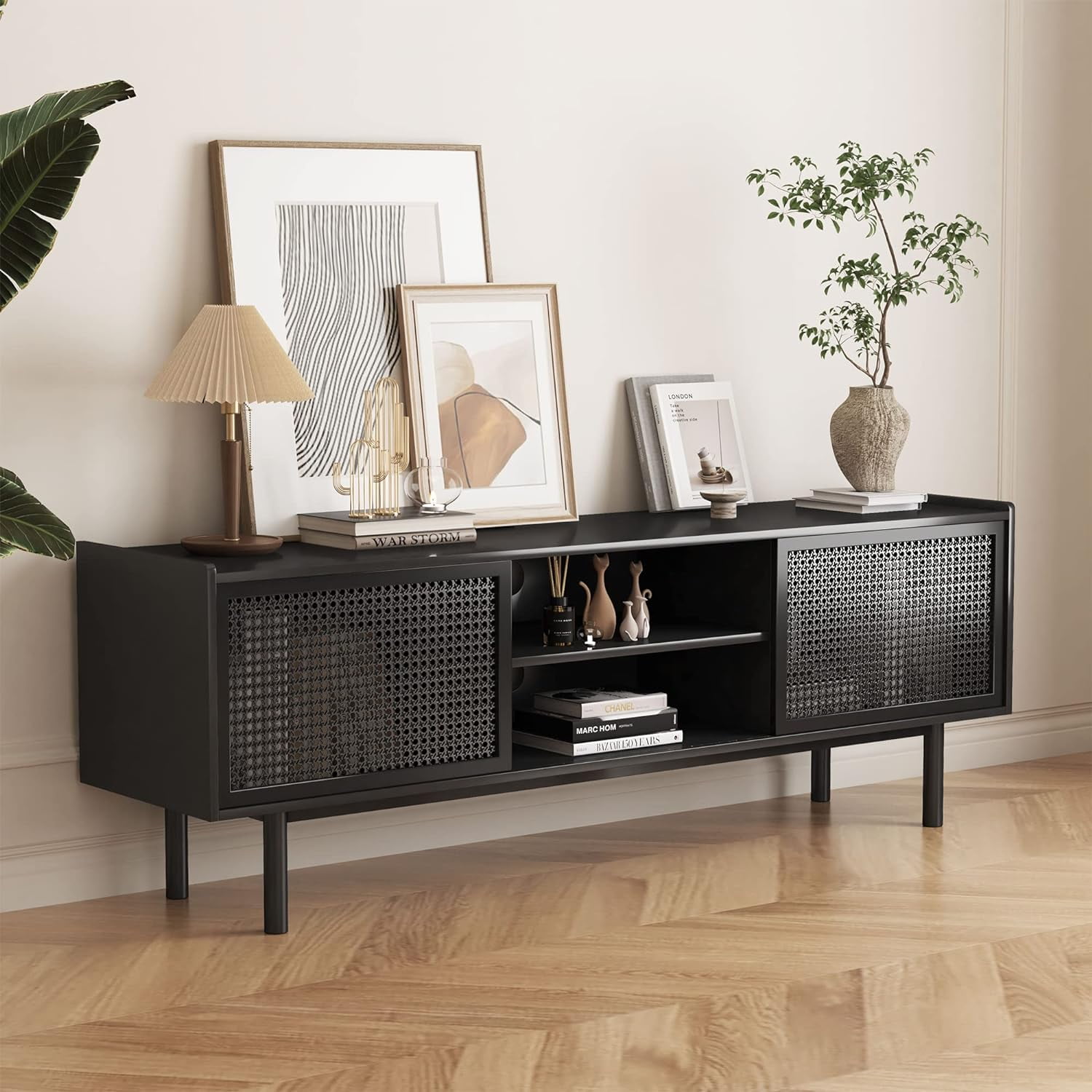 Weselon TV Stand for 70" TVs, Iron Rattan Storage Cabinet