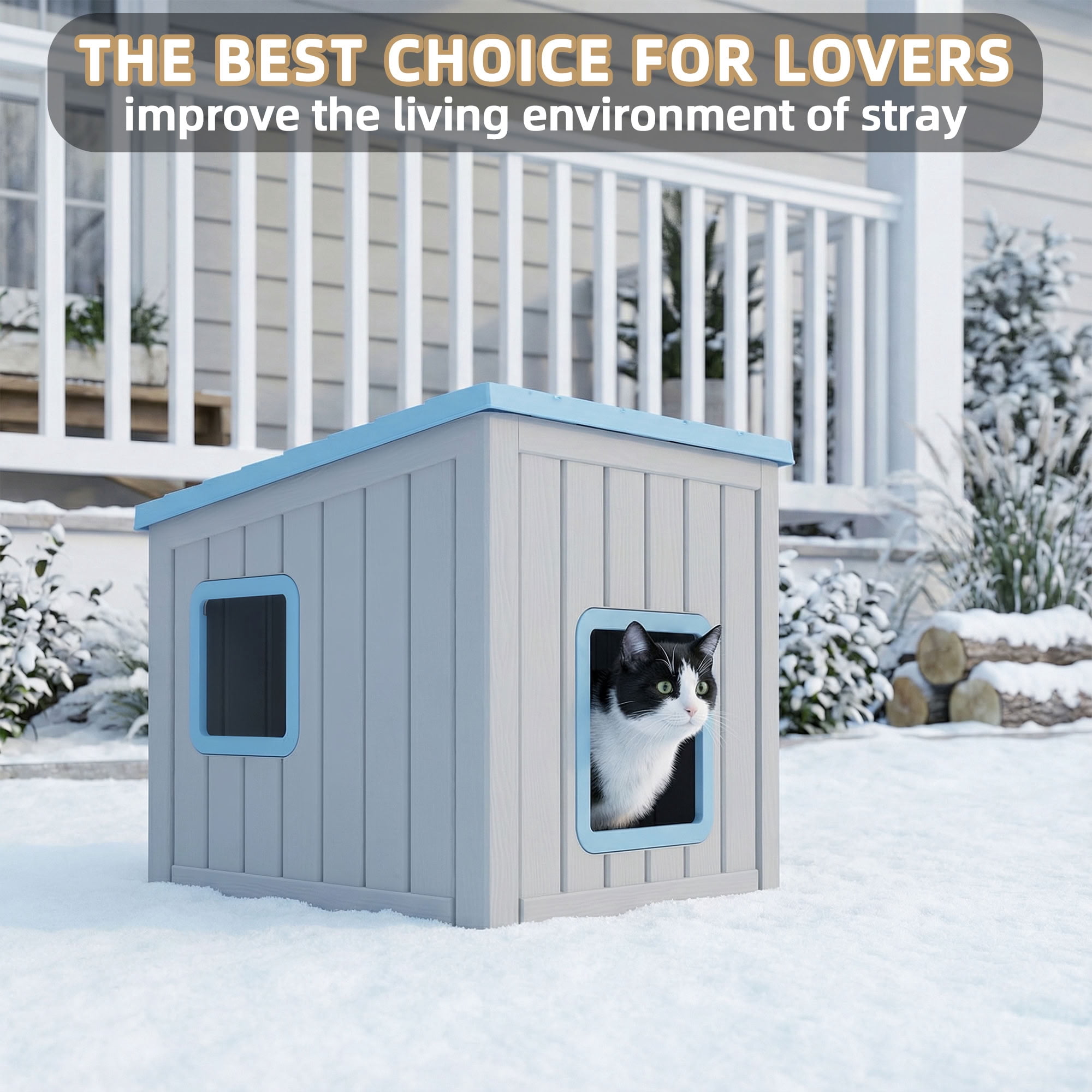 MAYEERTY Dual-Door Cat House for Indoor & Outdoor, Rain-Resistant Sloped Roof Pet Retreat with Easy-Clean Leak Holes
