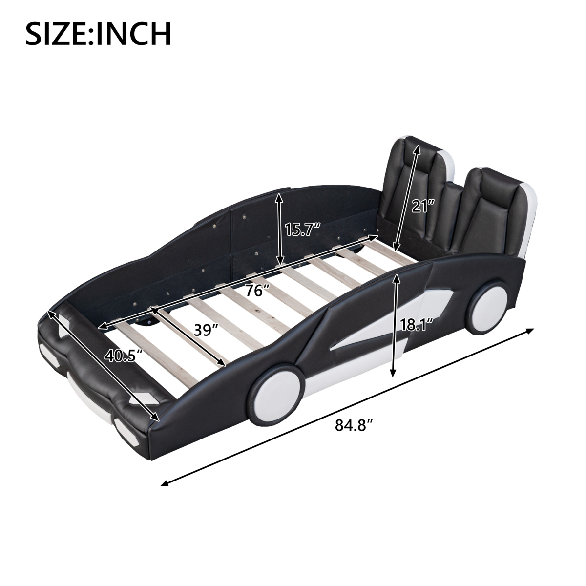 Luckynote Twin Race Car Bed, Wood Platform with Wheels, Car-Shaped Themed Design for Bedroom, Black