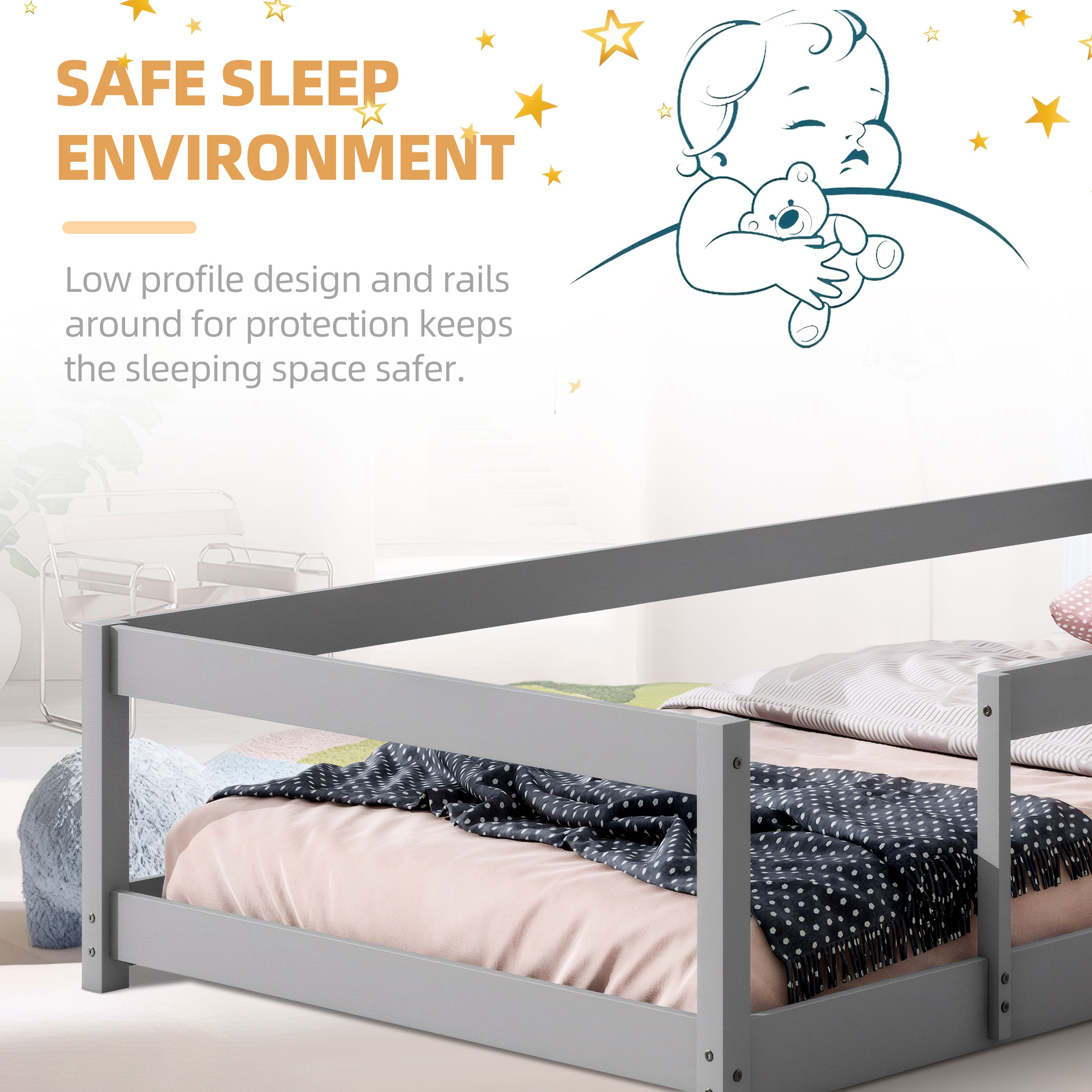 PORKISS Twin Size Floor Bed, Montessori Bed for Kids with Fence, House-shaped Headboard, Grey