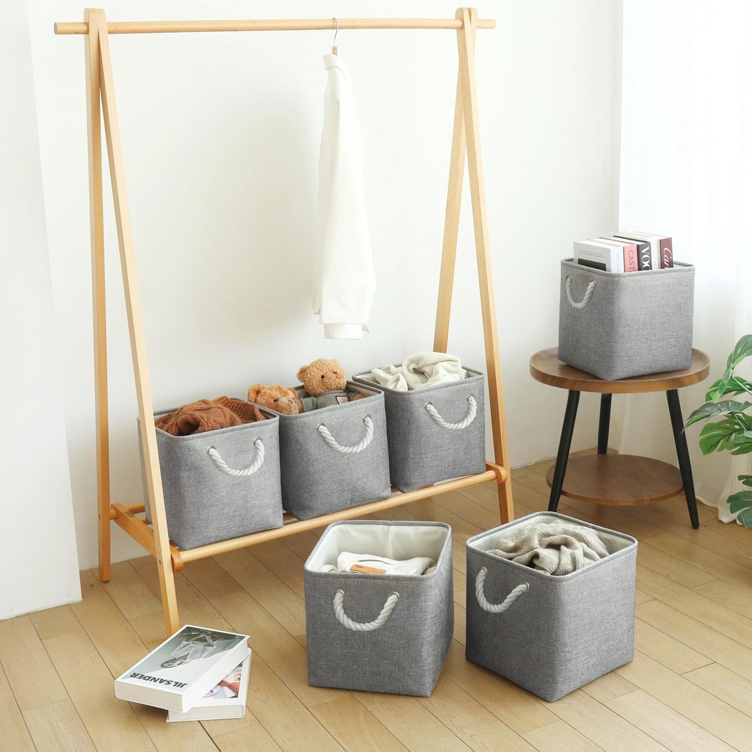 ThrottleT-Large 11x11 Inch Cube Storage Bins with Cotton Handles for Closet, Shelves, Clothes, Towel (Gray-6 Pack)