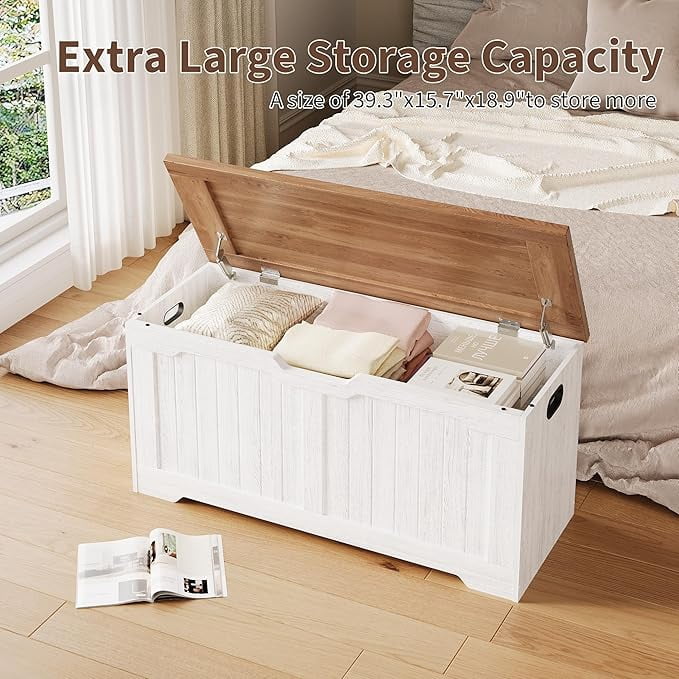 SOLLED 39.4" Retro Wooden Storage Bench & Chest, Lift-Top Trunk with Safety Hinges, Multifunctional Entryway Organizer & Toy Chest, Vintage Style for Living Room,White