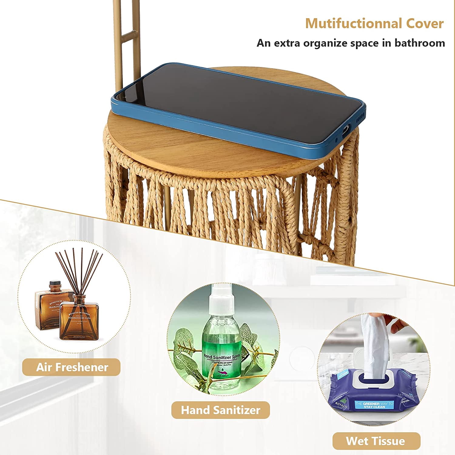 Freestanding Toilet Paper Holder With Storage 3 Rolls Of Tissue For Bathroom Handmade Woven Roll Stand Rattan Sturdy Boho Decor Farmhouse