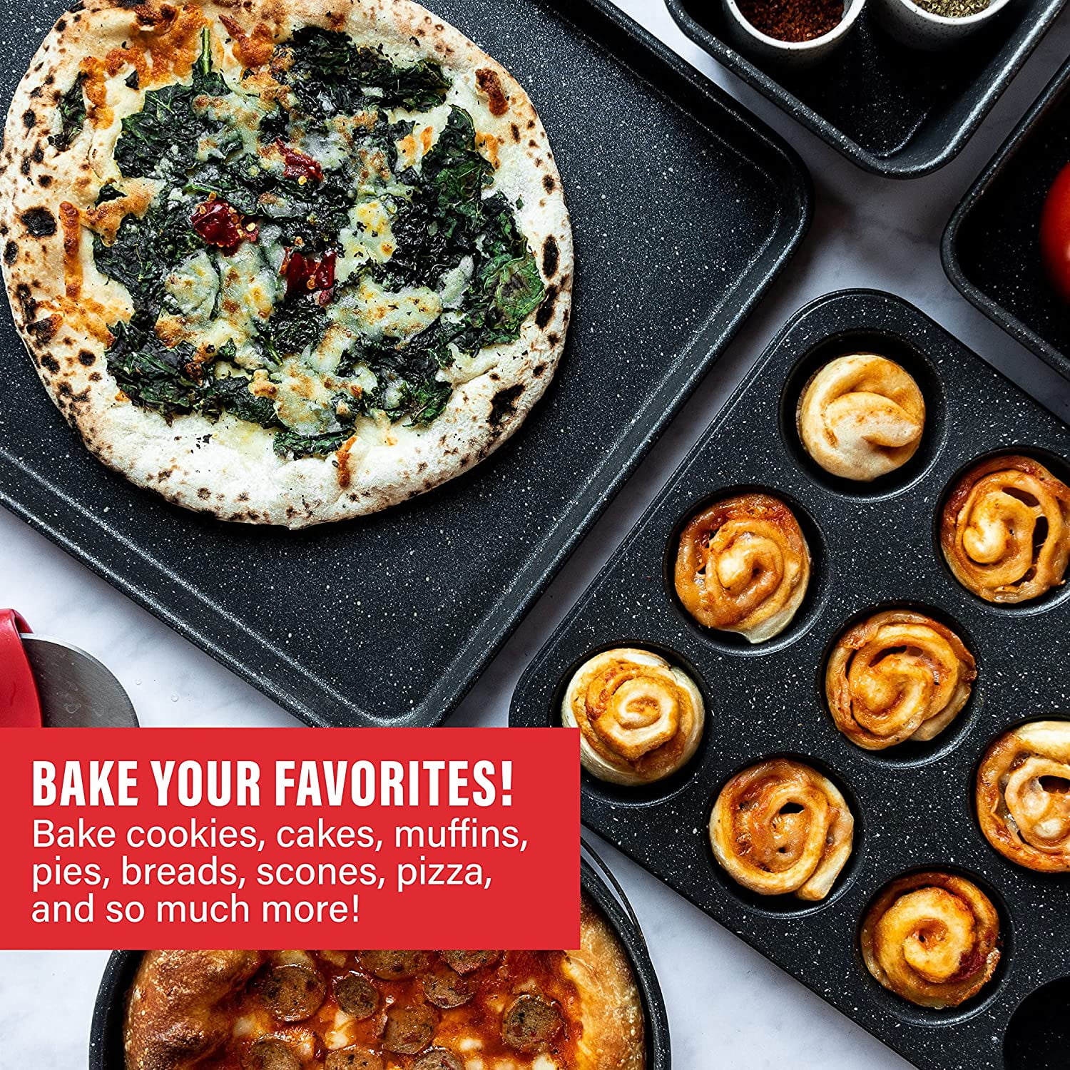 Granitestone Black Nonstick Bakeware Set, 5 Piece Baking Pans Set, Dishwasher Safe, No Warp & Even Heating, Oven Safe with Square & Round Baking Pan, Muffin and Loaf Pan & Baking Sheet