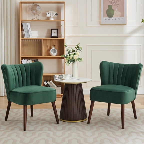Modern Velvet Accent Chair Set of 2, Soft Upholstered Living Room Chair with Wooden Legs, Comfy Armless Lounge Chair for Living Room/Makeup/Office/Bedroom, Green