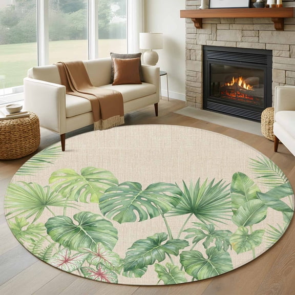 Tropical Plants Round Area Rug 5Ft Washable Circle Rugs for Living Room Bedroom, Summer Watercolor Green Palm Leaf on Linen Non-Slip Carpet Floor Mats Indoor Outdoor Carpet Runner Home Decor