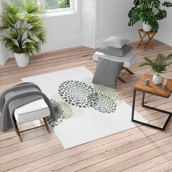 Abstract Turkish Area Rug, Modern and Cool Design Surreal Dots Like and Circled Design Art, Soft Carpet for Living Room Decor with Distressed Look, 2.6' x 5', Laurel Green, by Ambesonne