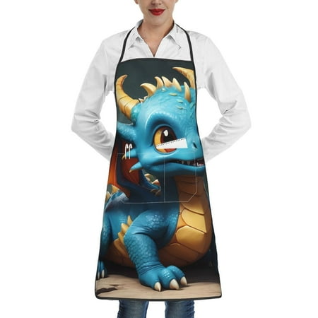 

Easygdp Adorable Blue Baby Dragon Apron Waterdrop Resistant with 2 Pockets Oil Resistant Cooking Kitchen Chef Apron for Women Men
