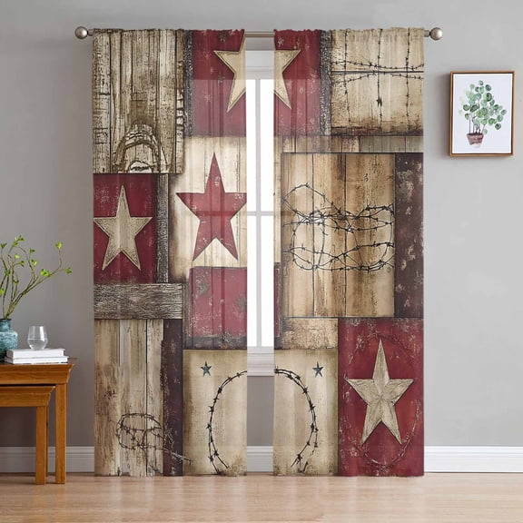 Texas Star Farm Semi Sheer Curtains 72 Inch Length 2 Panels Set, Country Wood Grain Vintage Western Sheer Kitchen Curtain Privacy Voile Window Curtain for Living Room Bedroom Rod Pocket Drapes