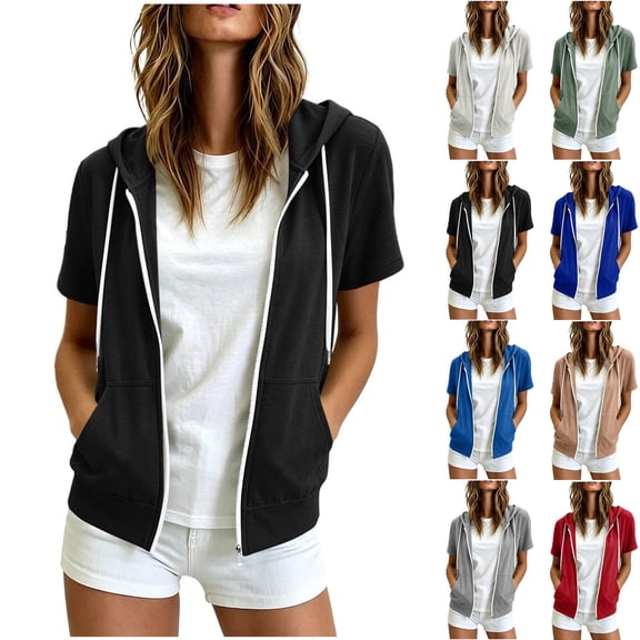 AKOEE Summer Jackets for Women Lightweight Zip Up Drawstring Hoodie Short Sleeve Sports Casual Sweatshirts (XL, Black)