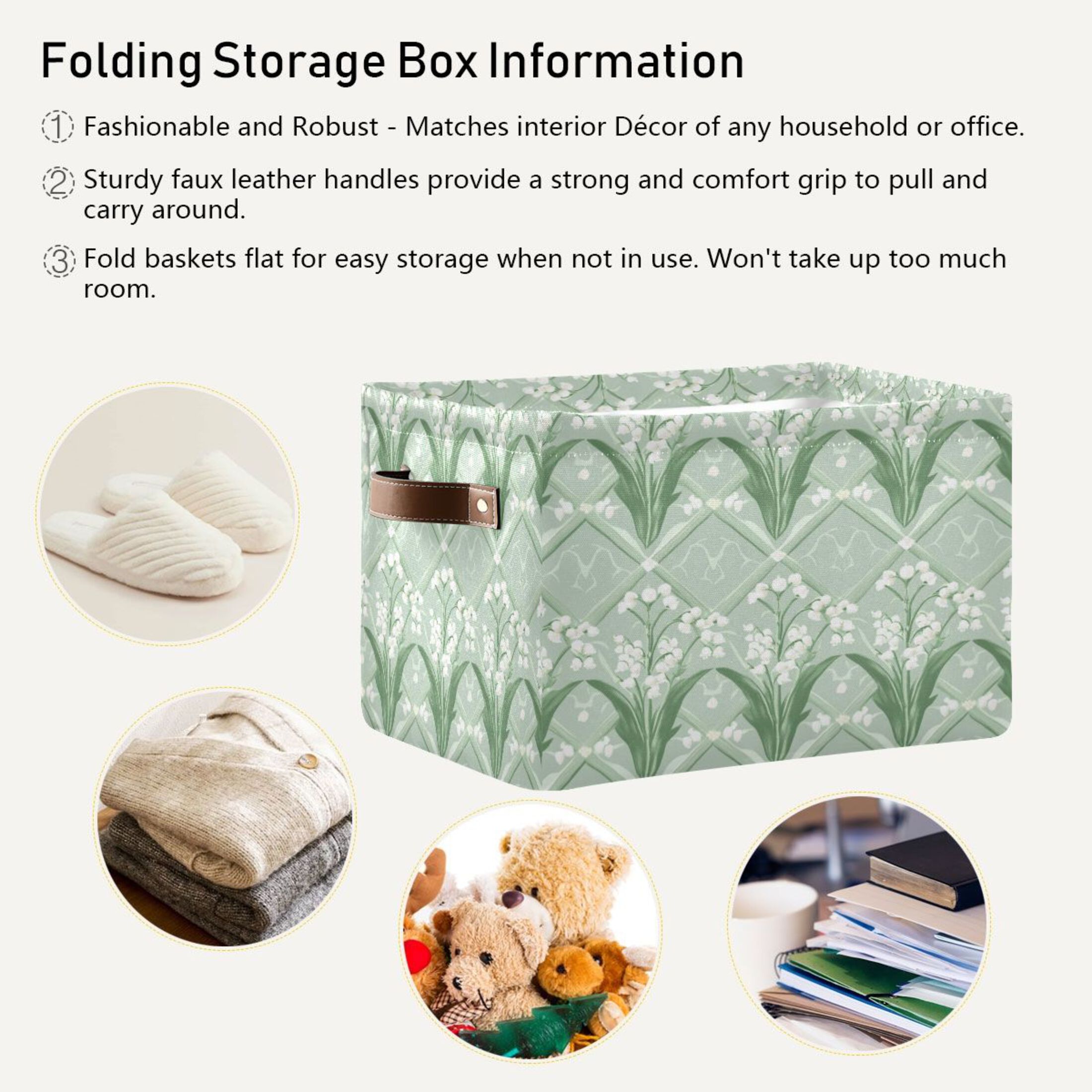 Light Green and White Lily Foldable Storage Basket,Canvas Fabric Foldable Storage Bins with Handles Open Home Storage Bins Boxes for Toy Book Shelf Closet Baskets