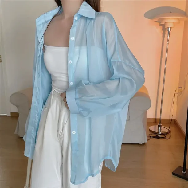Camisa brillante transparente para mujer, blusa de manga larga, blusa ligera de organza transparente, atuendo informal de verano para mujer