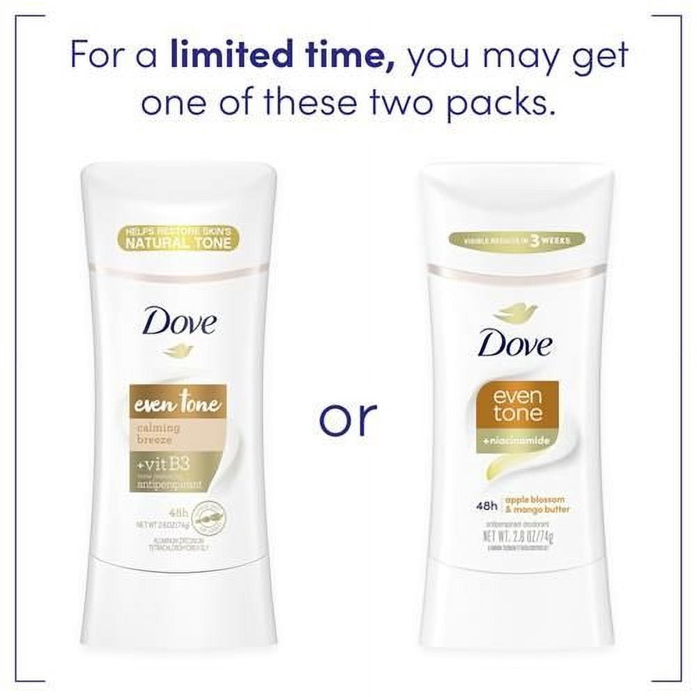 Dove Even Tone Antiperspirant Deodorant Stick Apple Blossom & Mango Butter 3 Count For Uneven Skin Tone 2.6 Oz Packaging May Vary