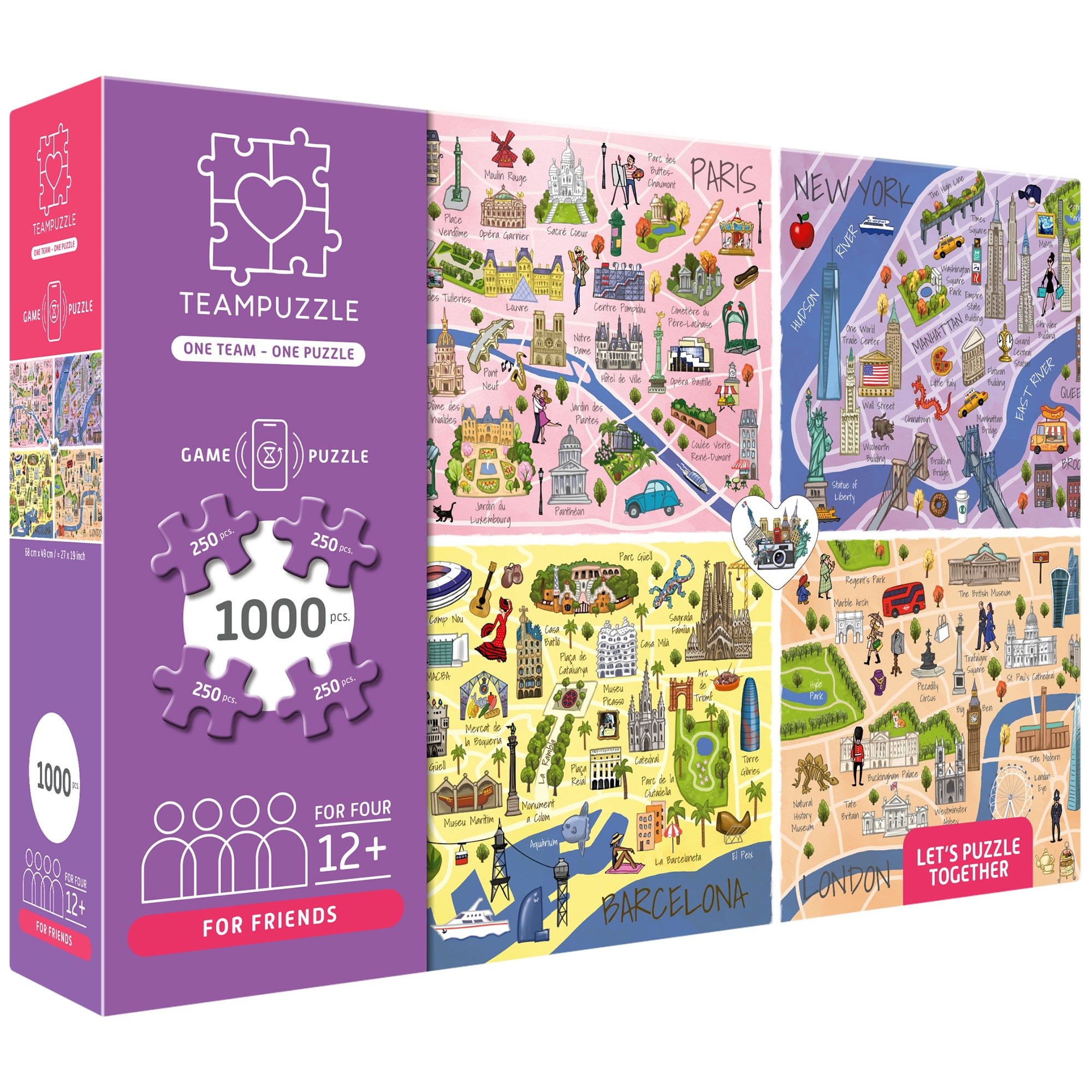 TEAMPUZZLE: City Trip - 1000pc Puzzle, 4 Jigsaw Sections, Around The World Travel Destinations, 27x19", Includes App Game Actions, Family-Friends 12+
