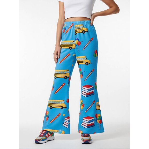 Girls Flared Pants, Wide Leg Bell Bottom Trousers, Digital Print Casual Kids Bottoms, Slim Fit Stretch Pants for Girls Age 4-13