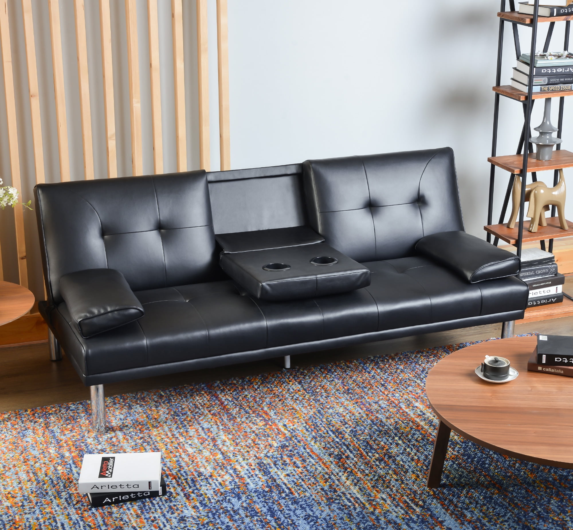 Harper&Bright Designs PU Leather Convertible Sofa Bed with Cup Holders