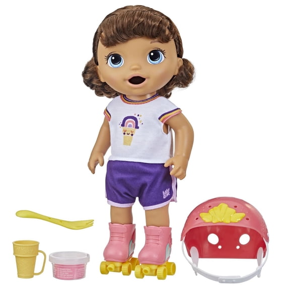 Baby Alive Roller Skate Baby Doll, 12-Inch Toy for Kids Ages 3 and Up, Eats and “Poops,” Doll with Roller Skates, Brown Hair