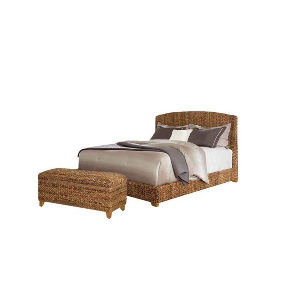 2 Piece Bedroom Set with Hand Woven Bed and Bench in Natural Brown