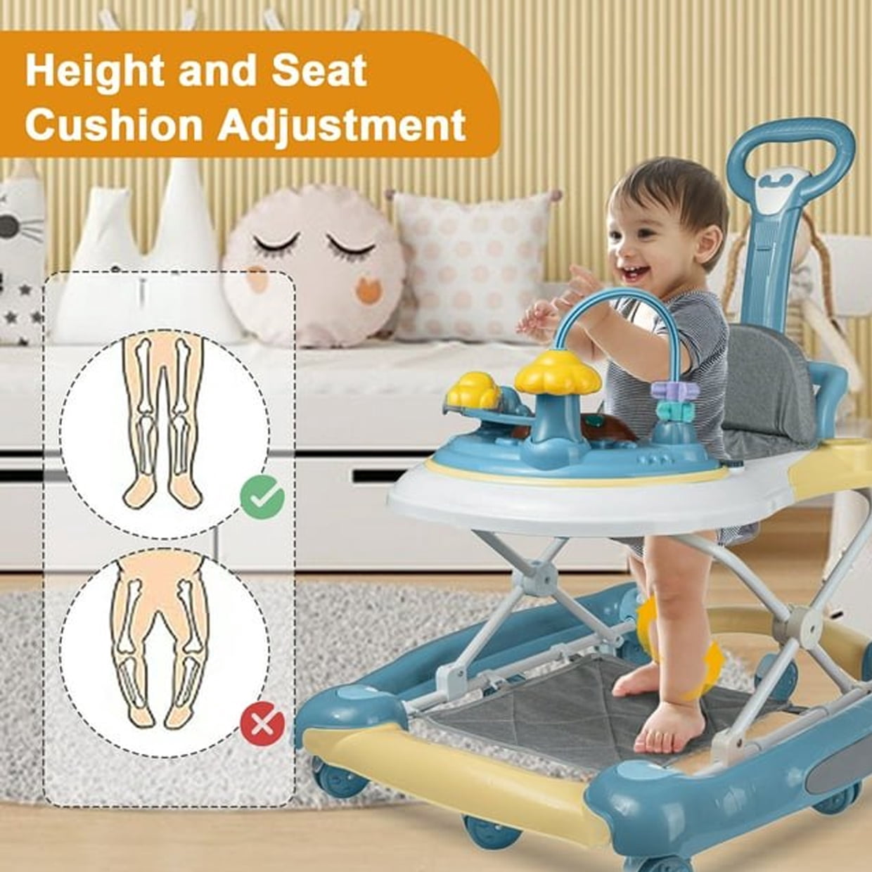 JieC 4 in 1 Baby Walker, Foldable Hand Push Walker, Height Adjustable, Suitable for Boys & Girls, Green