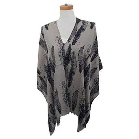 Luxury Wear Fashion - Beaute Fashion Resort Wear V-Neck Tunic Top Poncho Ruana Cover Up (Beige & Black Feathers)