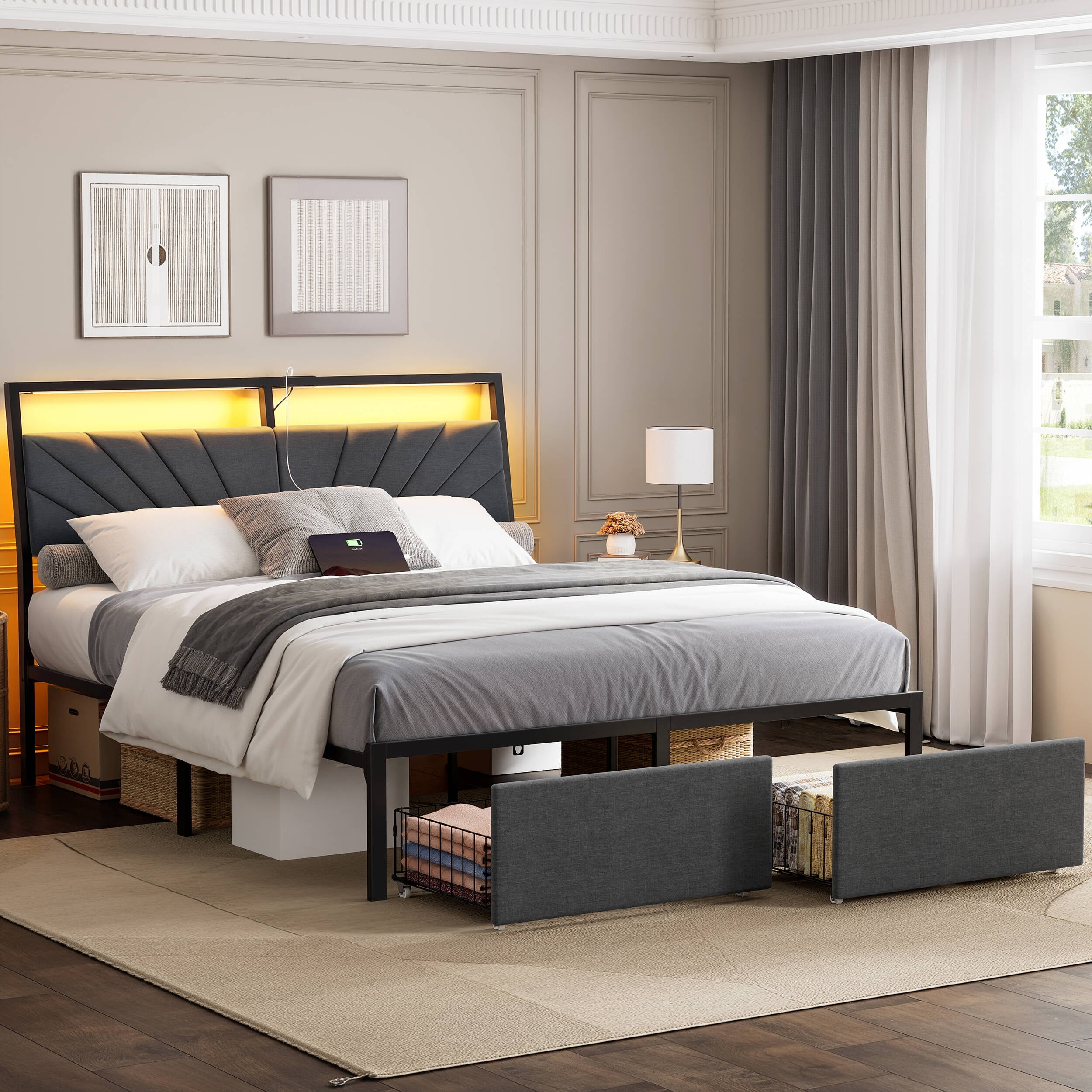 GUNAITO Full Bed Frame with Storage Drawers, Platform Bed with Ergonomic Tilted Upholstered Headboard , Metal Bed with Charging Station and LED, Dark Gray
