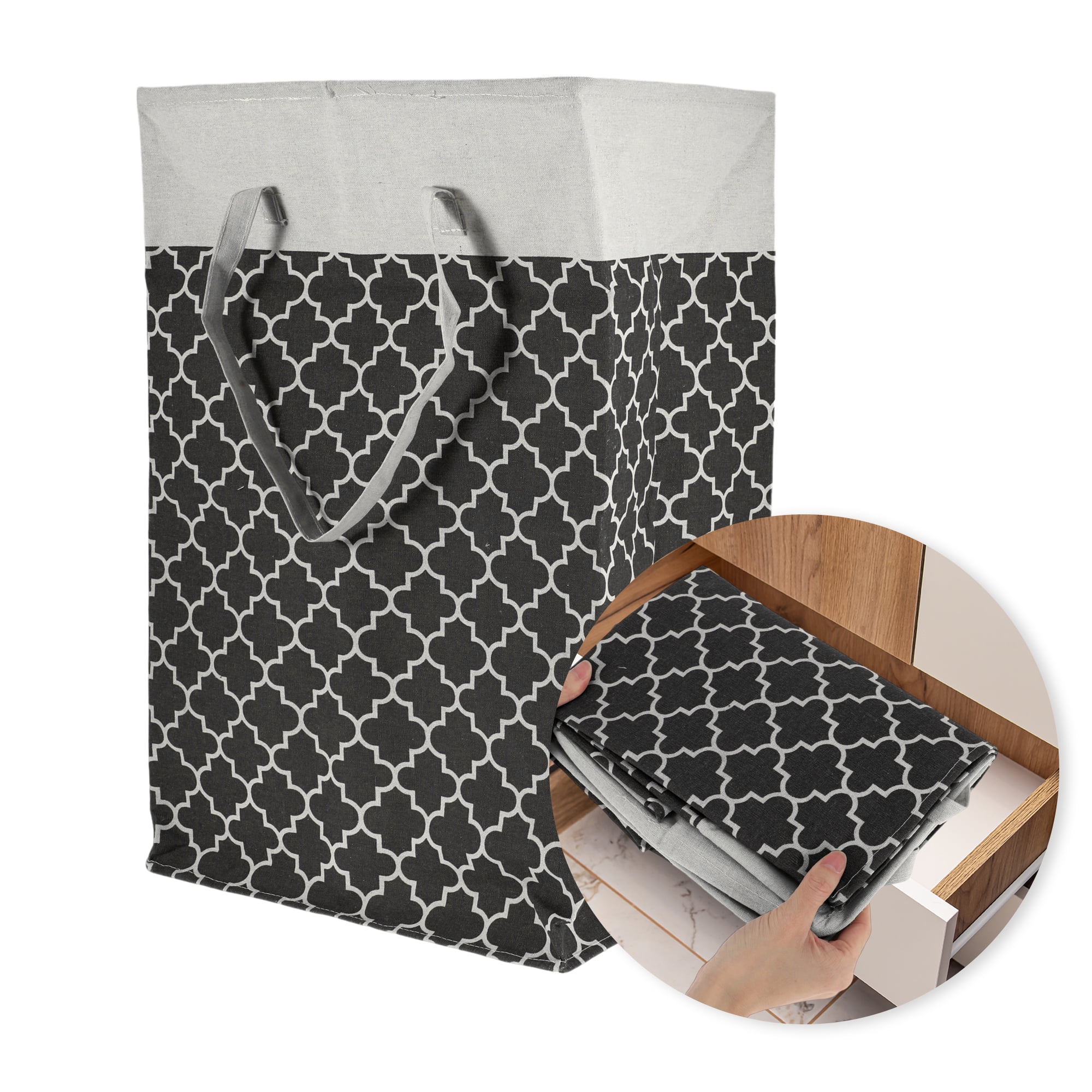 Unique Bargains Laundry Basket, Foldable Laundry Hamper with Handles Black Gray