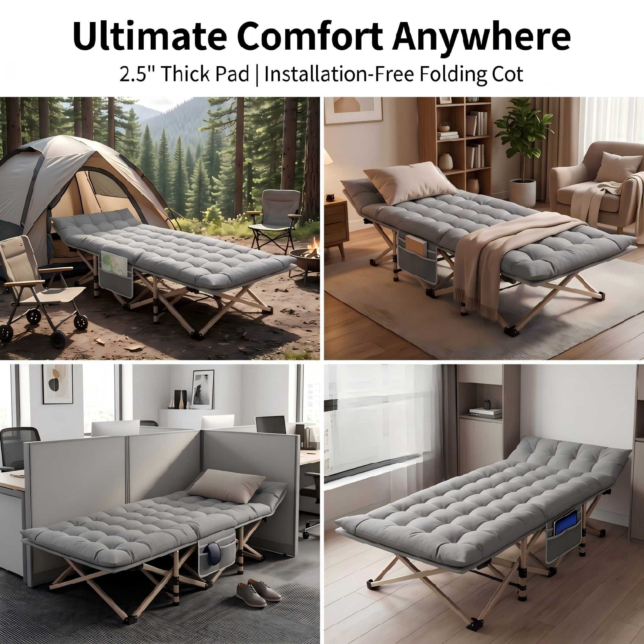 Adjustable Folding Lounge Chair and Cot, 550 lbs Capacity, Grey