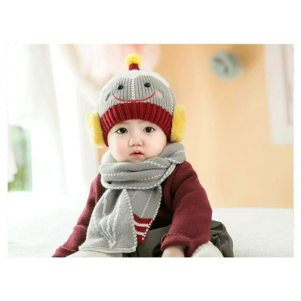 Chapeaux d'hiver pour bébé, tout-petit hiver chaud écharpe chapeau  cache-cou mignon tricoté chapeau écharpe ensemble bébé oreillette bonnet  chapeau avec écharpe, gris 