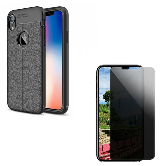 Privacy Screen Protector & Case for iPhone XR ONLY - Tempered Glass Curved Anti-Spy Anti-Peep   PU Leather Slim Fit Cover Reinforced Bumper Combo