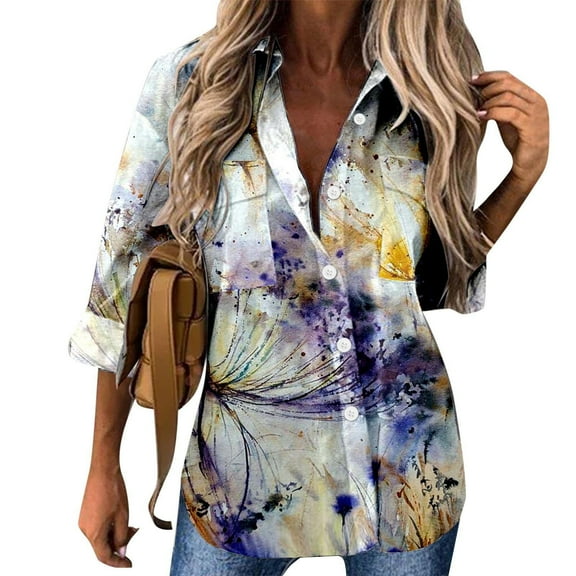 PATLOLLAV Summer Ladies Shirts,Womens Long Sleeve Blouse Print Bussiness Casual Lapel Tops