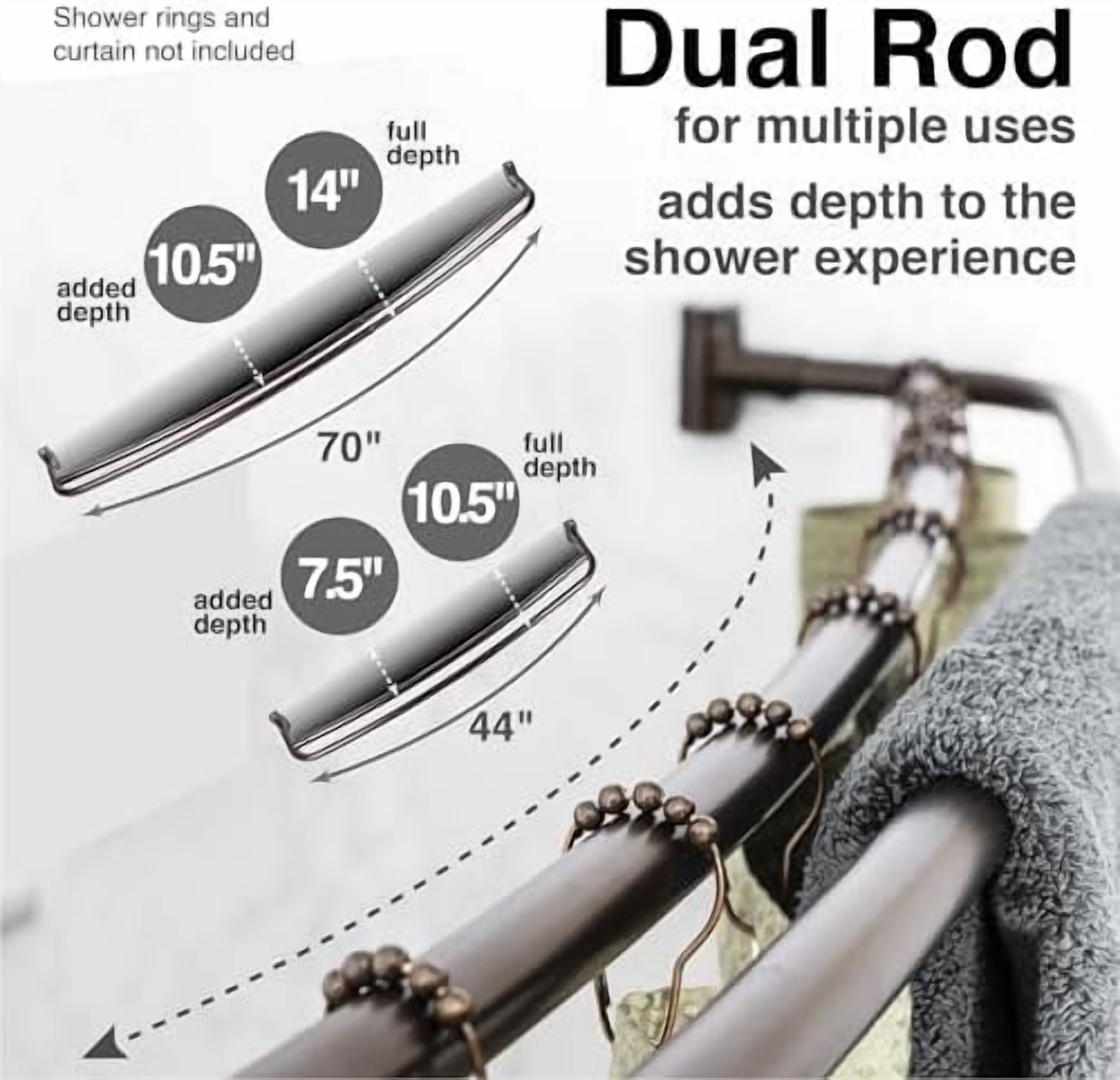 Double Curved Shower Rod, Metal Construction, Adjustable Between 44 to 70 Inches, Aluminum Rods and Zinc Mounting Hardware, Quality Modern Bathware, Oil Rubbed Bronze Finish