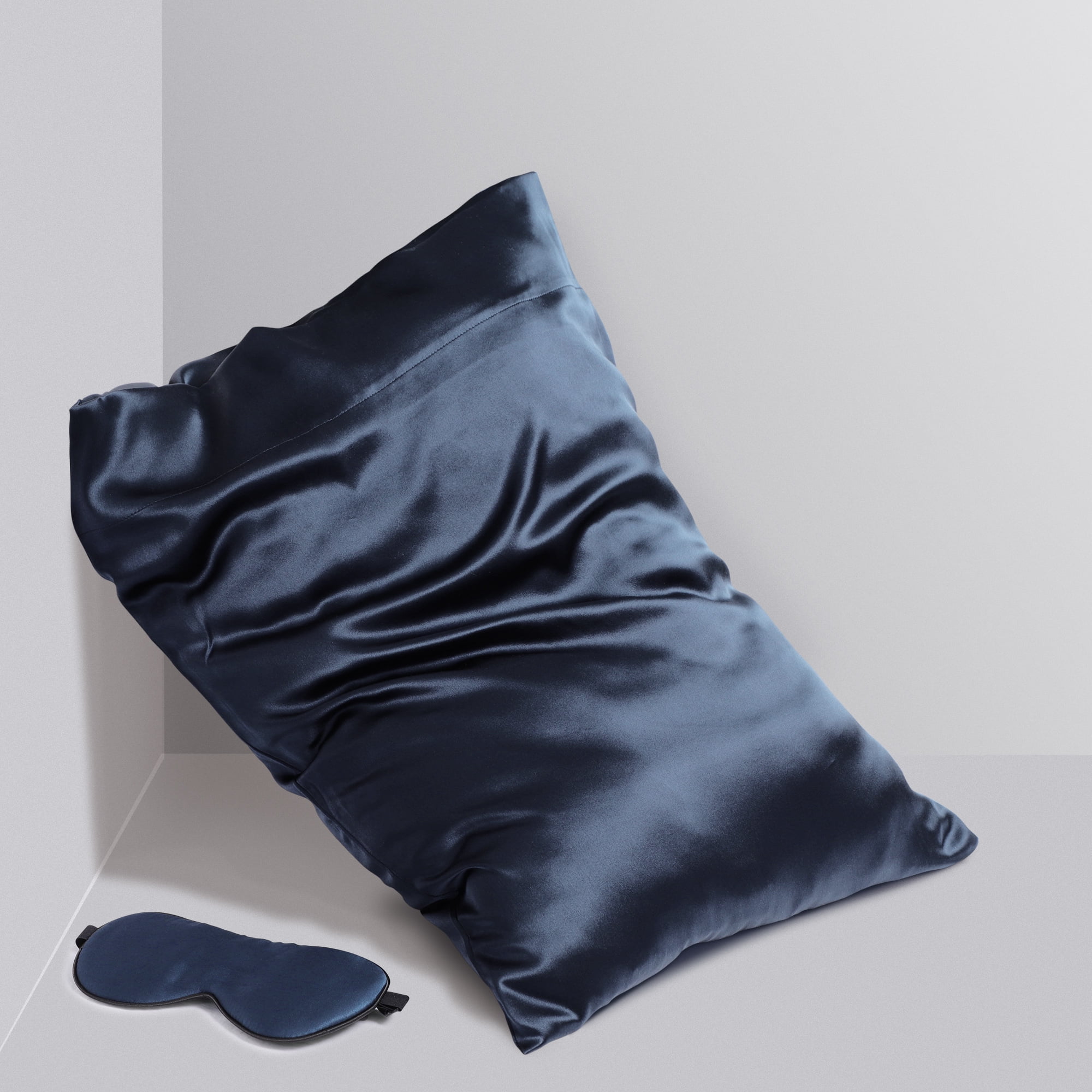PiccoCasa Silk Pillowcase with Eye Mask for Hair Skin Navy Blue Queen(20"x30")