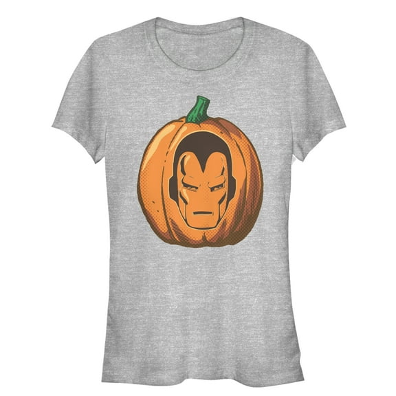 Junior's Marvel Halloween Iron Man Pumpkin Graphic Tee Athletic Heather Medium