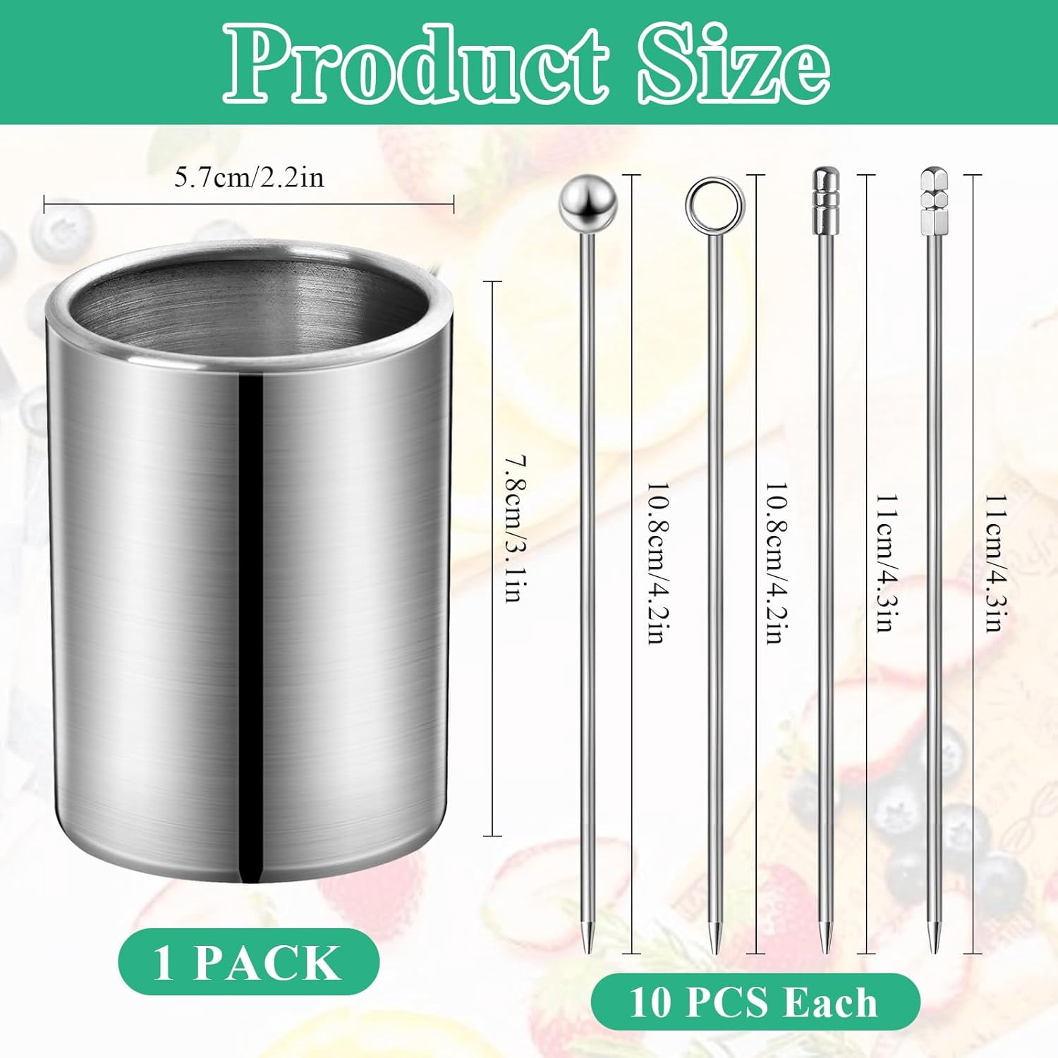 40 Pcs Metal Cocktail Picks, 4.3" Picks Sticks with Storage Holder Kit, Reusable Martini Garnish Skewers for Olives, Fruits, Bloody Mary, Appetizer, Sandwiches