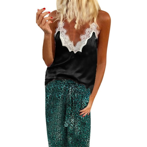 MESSUEN Lace Camisole Tops for Women Spaghetti Strap Tank Top V-neck Camisole Women V-neck Lace Up Patchwork Sleeveless Tank Camis Tops Blouse T Shirts for Women Casual Tops Black 2XL