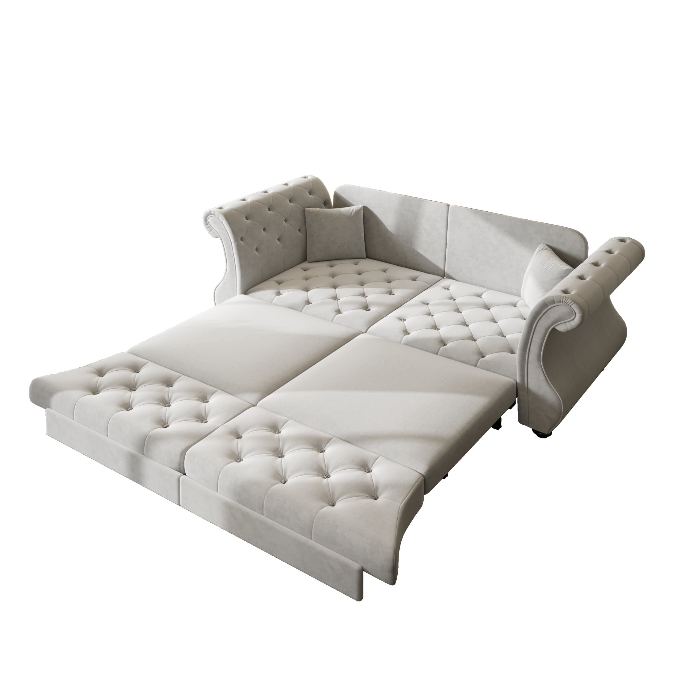 Noble House Wesley Oversized Velvet Chesterfield Pull Out Sofa Bed, Flower Tufted Roll Arm Sleeper Couch, Light Grey