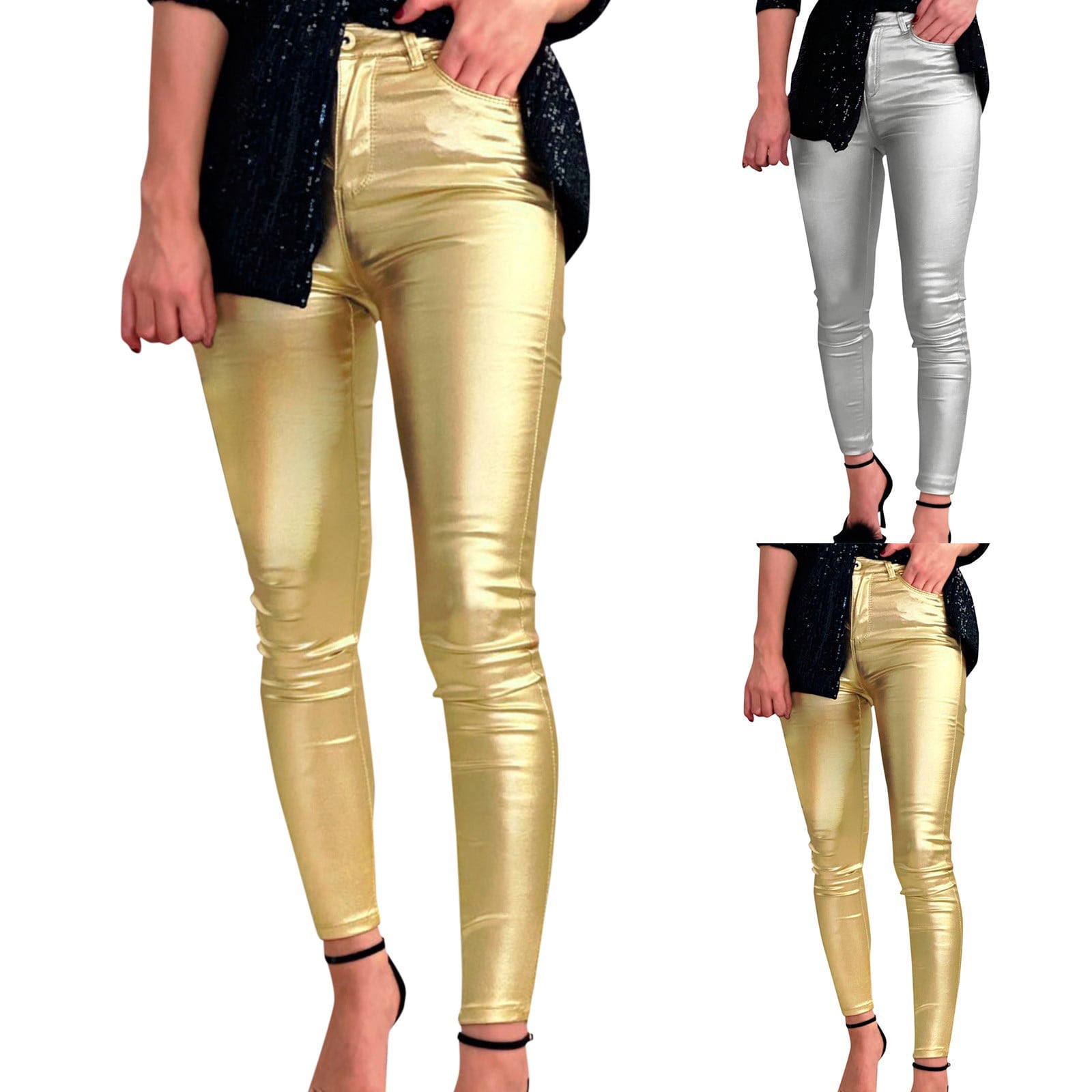 BKQCNKM Cargo Pants Women Women'S Mid Waist Faux Leather Leggings Stretch Leather Pleather Pants Workout Sets For Women Womens Pants Gold XL