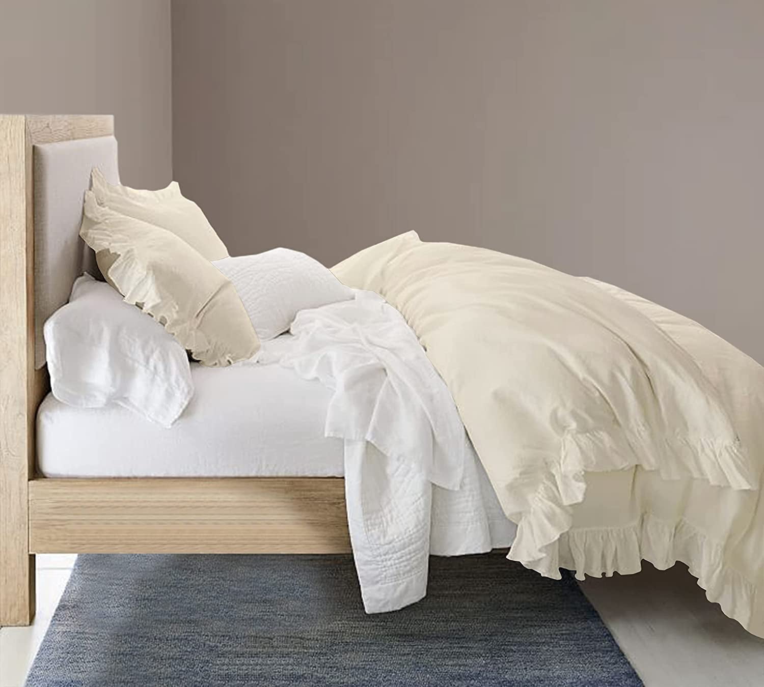 Delara Organic Cotton Duvet Set, 300 Thread Count, GOTS Certified, 3-Piece Ruffled Duvet cover with 2 Shams
