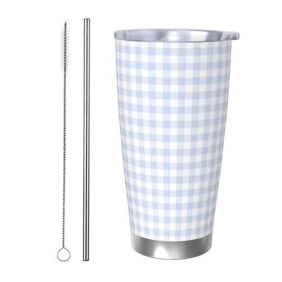 Logiee Blue Checkboard Print 20OZ Car Cup with Lid, Stainless Steel Vacuum Insulated Double Wall Travel Tumbler, Durable Insulated Coffee Mug,Thermal Cup with Straw-Straw Two-piece Set